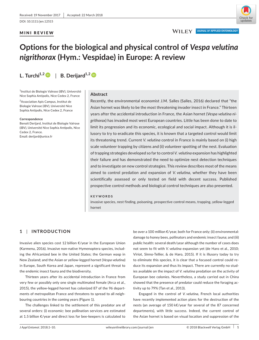 Options for the Biological and Physical Control of Vespa Velutina Nigrithorax (Hym.: Vespidae) in Europe: a Review