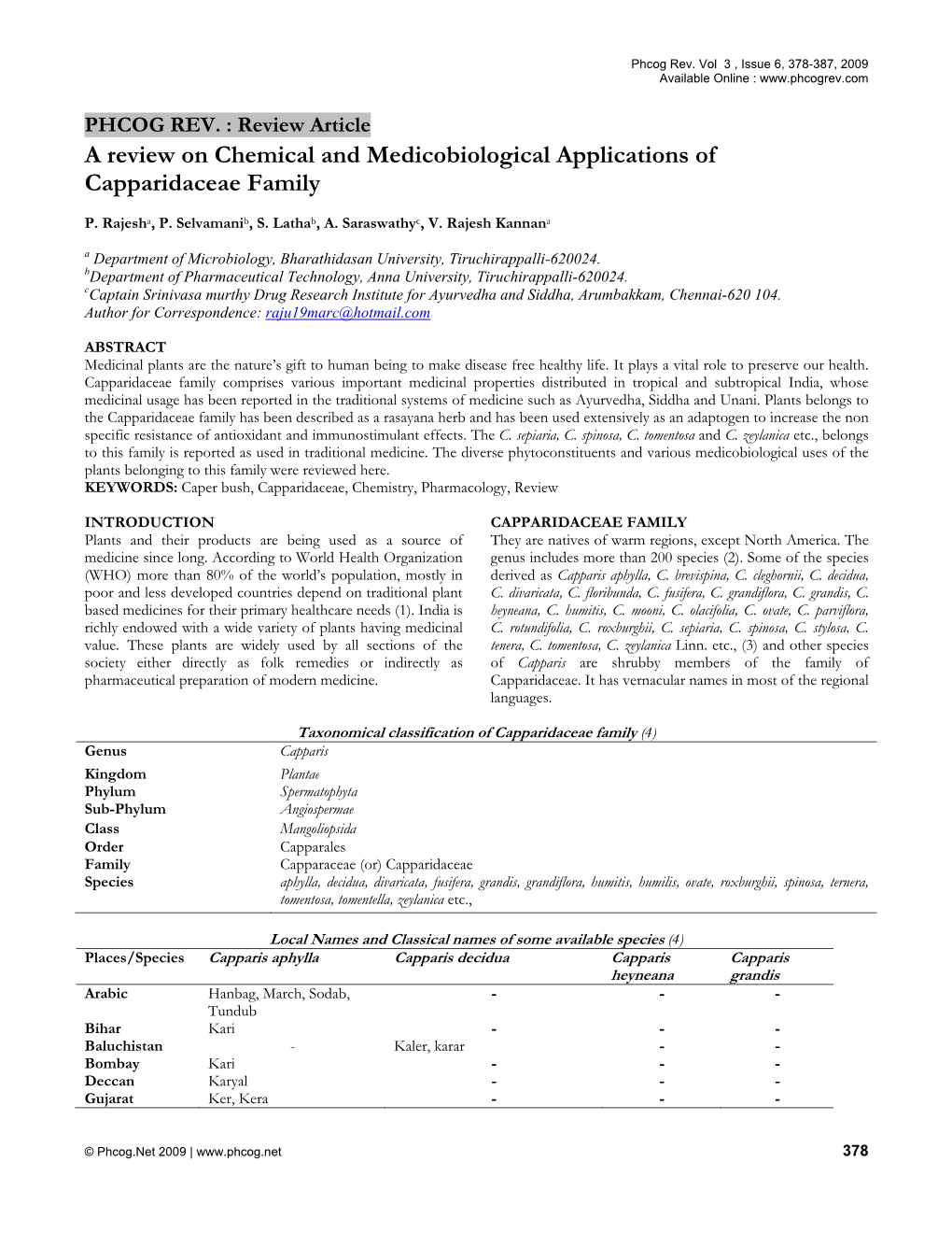 A Review on Chemical and Medicobiological Applications of Capparidaceae Family