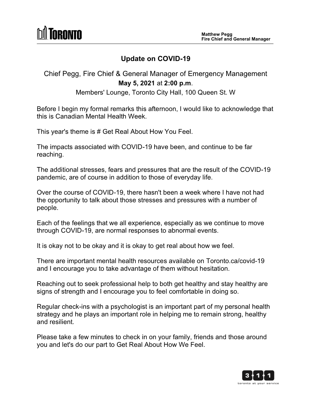 Chief Pegg Update on COVID, May 5, 2021