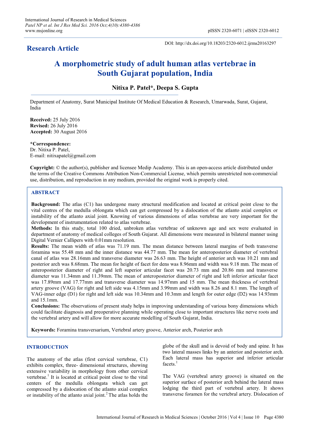 A Morphometric Study of Adult Human Atlas Vertebrae in South Gujarat Population, India