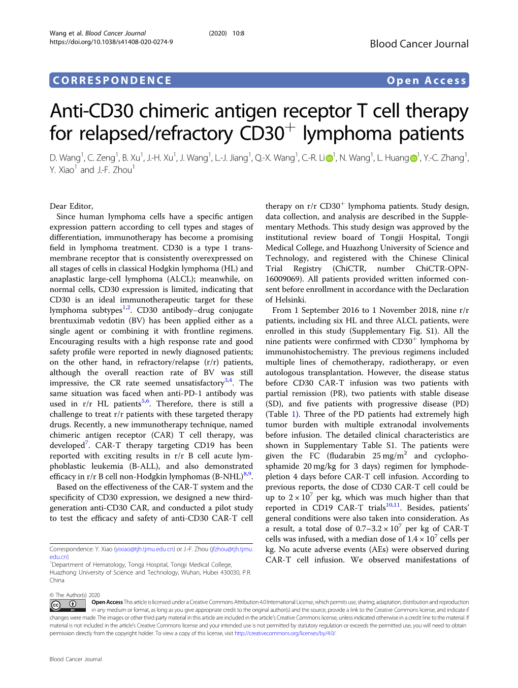 Anti-CD30 Chimeric Antigen Receptor T Cell Therapy for Relapsed/Refractory CD30+ Lymphoma Patients D