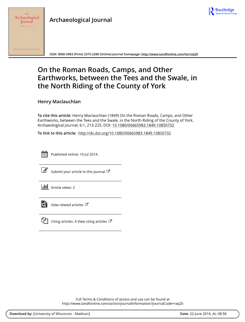 On the Roman Roads, Camps, and Other Earthworks, Between the Tees and the Swale, in the North Riding of the County of York