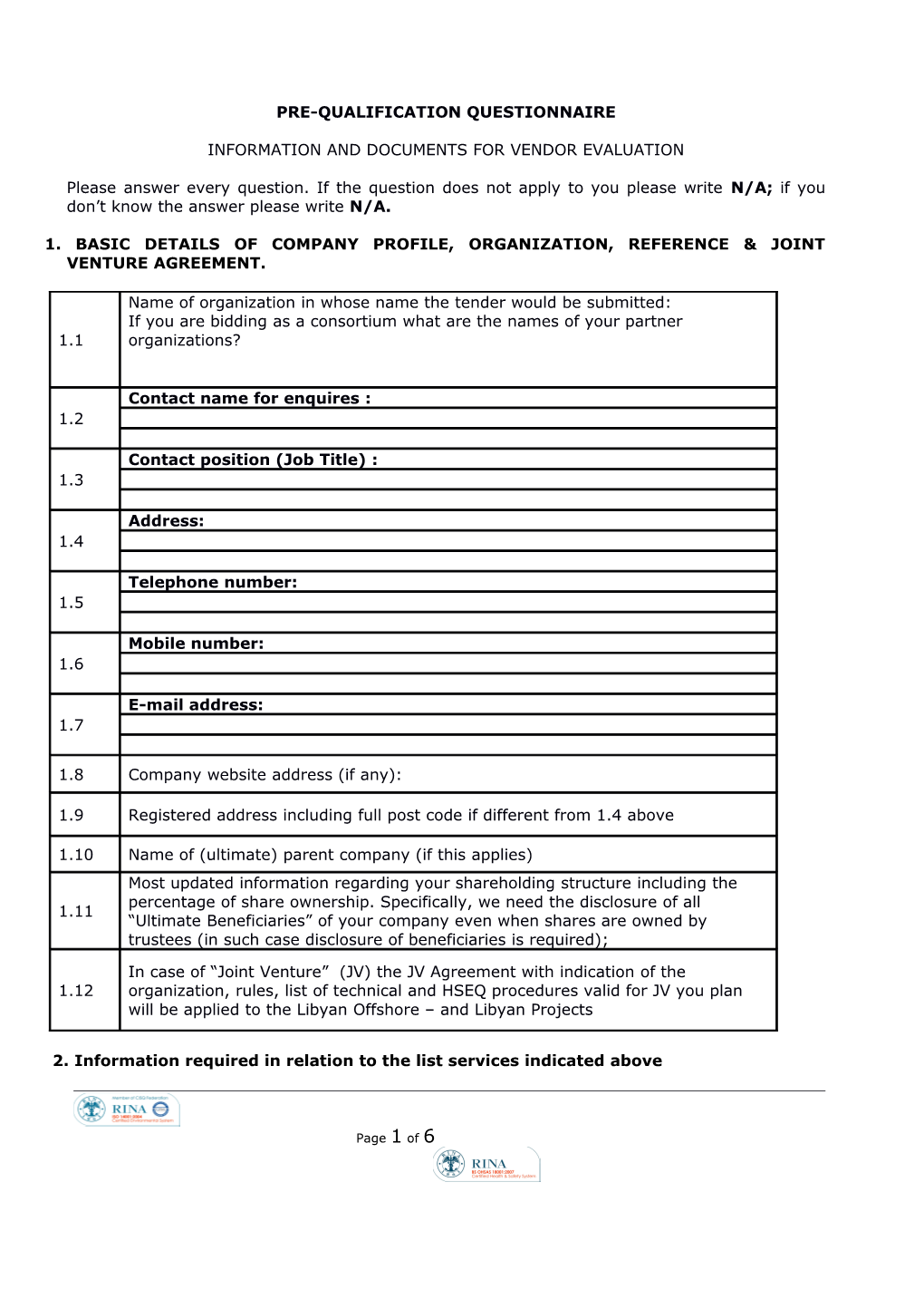 Pre-Qualification Questionnaire