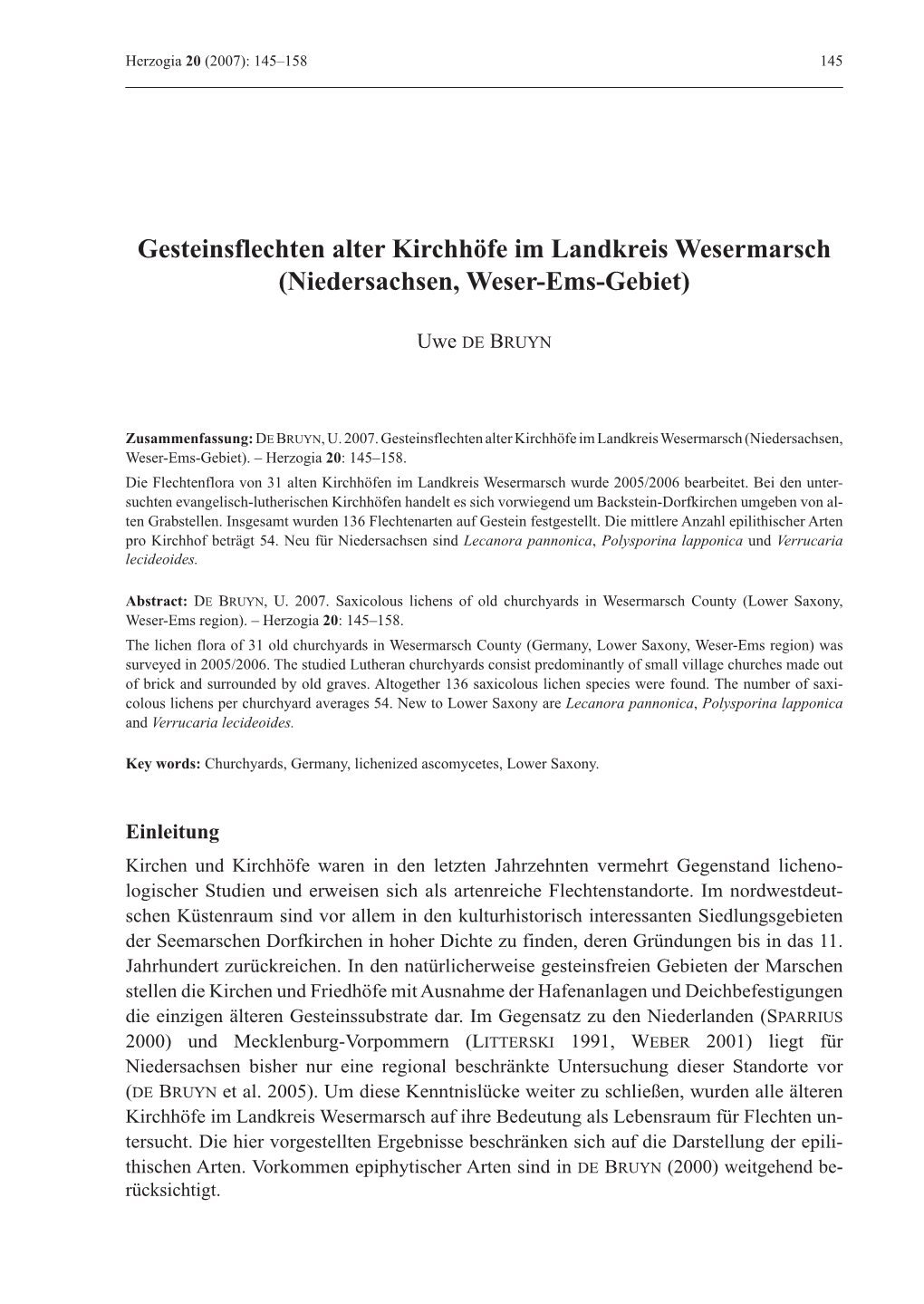 Gesteinsflechten Alter Kirchhöfe Im Landkreis Wesermarsch (Niedersachsen, Weser-Ems-Gebiet)