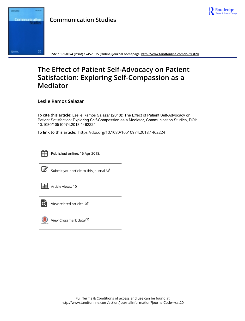 The Effect of Patient Self-Advocacy on Patient Satisfaction: Exploring Self-Compassion As a Mediator