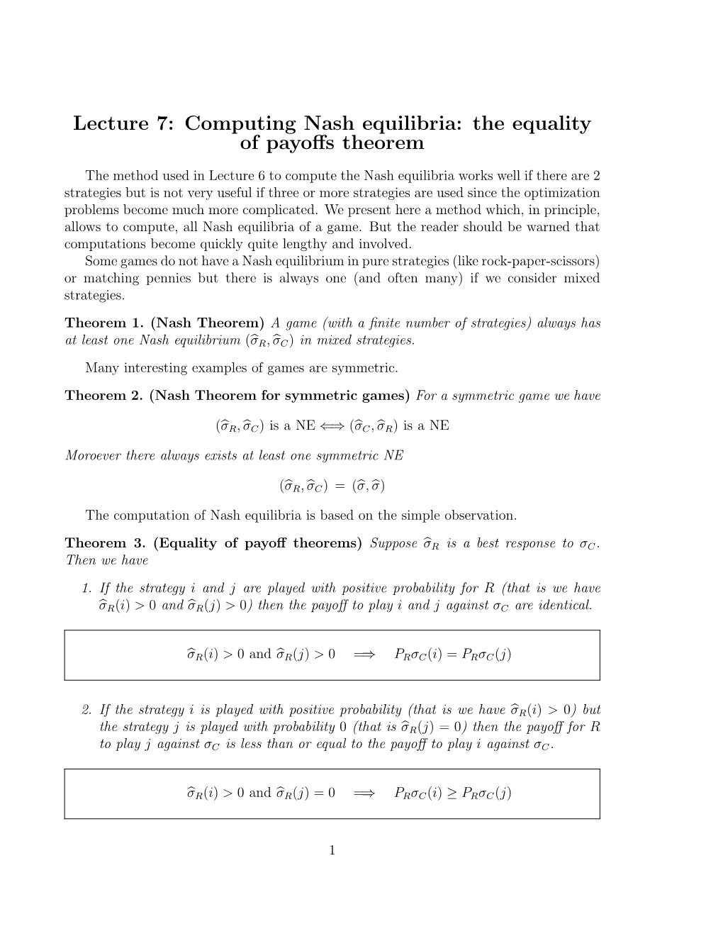 Computing Nash Equilibria: the Equality of Payoﬀs Theorem