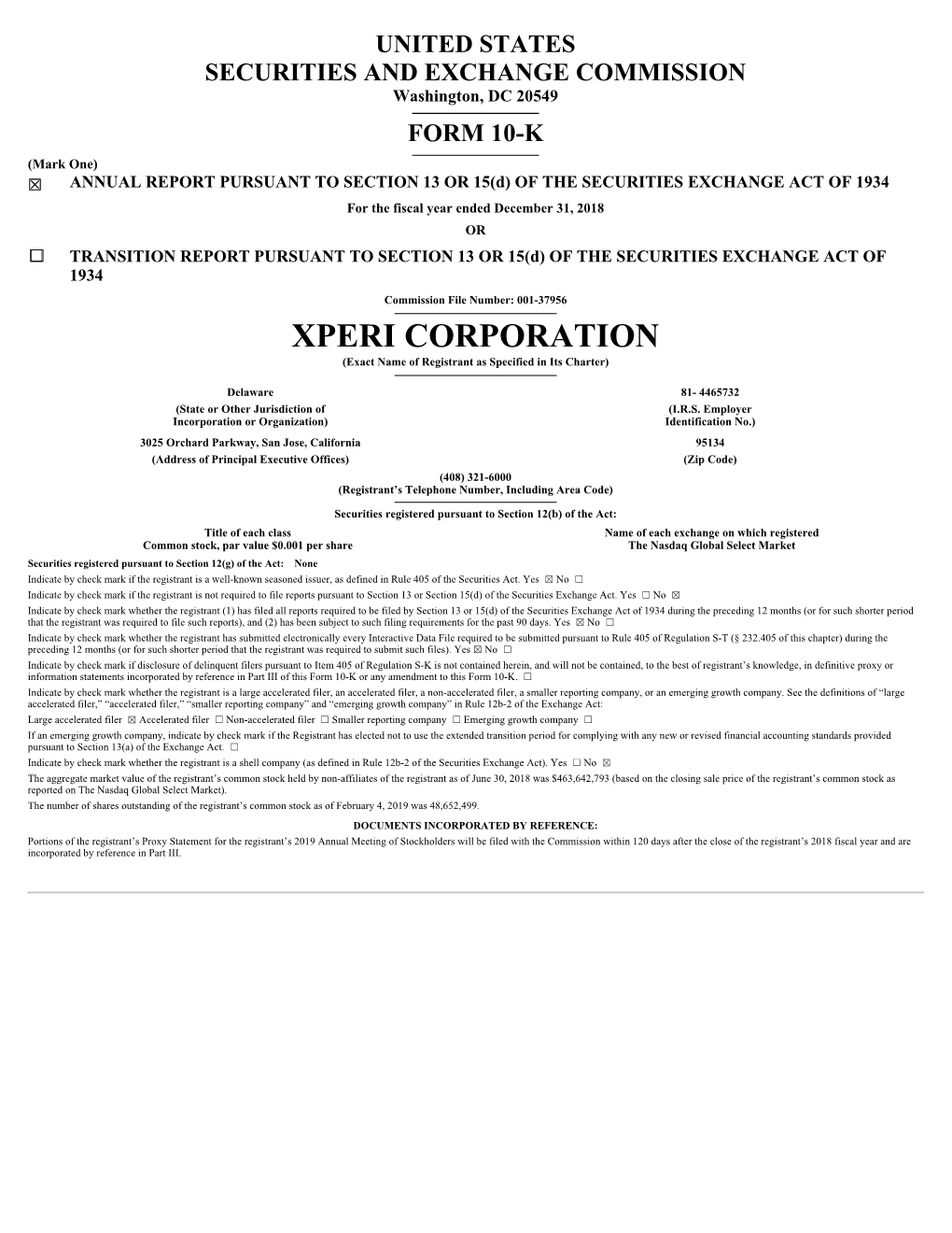 XPERI CORPORATION (Exact Name of Registrant As Specified in Its Charter)