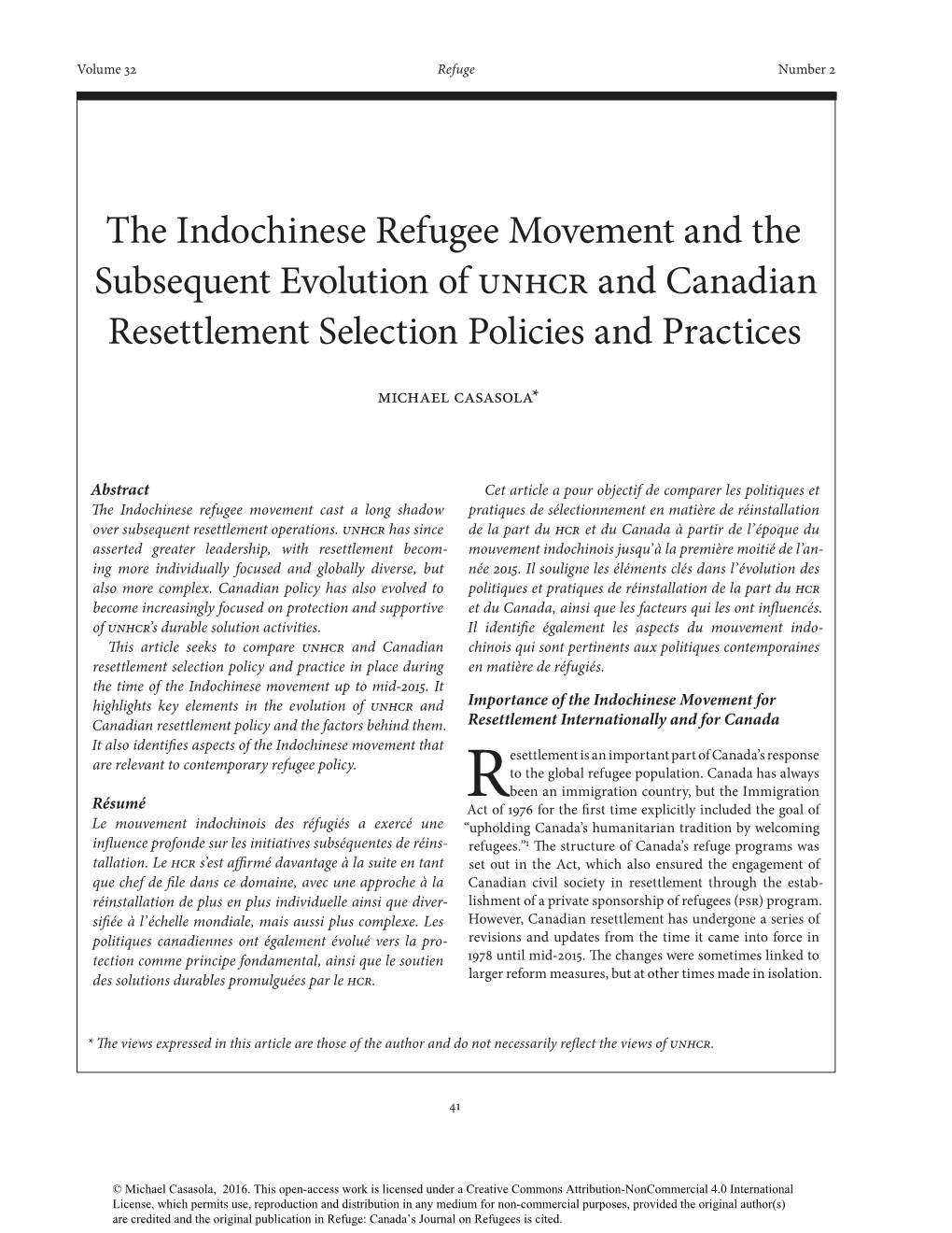 The Indochinese Refugee Movement and the Subsequent Evolution of UNHCR and Canadian Resettlement Selection Policies and Practices