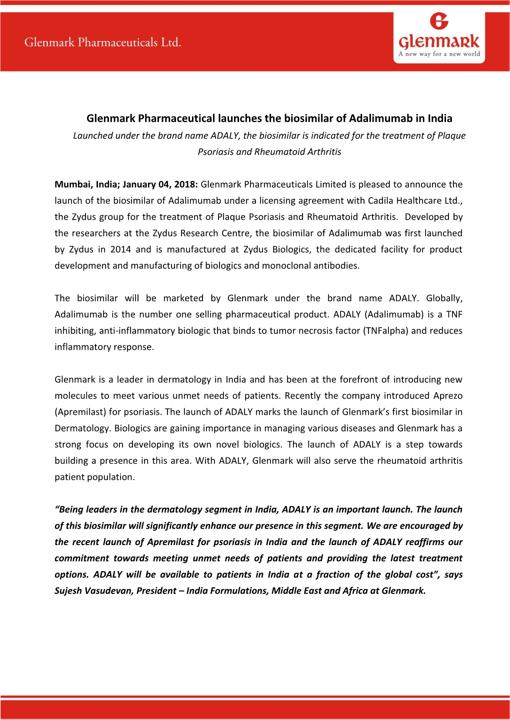 Glenmark Pharmaceutical Launches the Biosimilar of Adalimumab