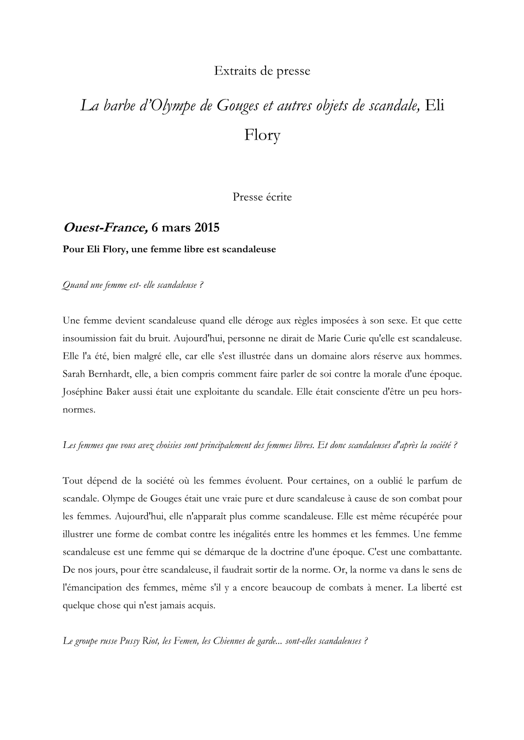 La Barbe D'olympe De Gouges Et Autres Objets De Scandale, Eli Flory