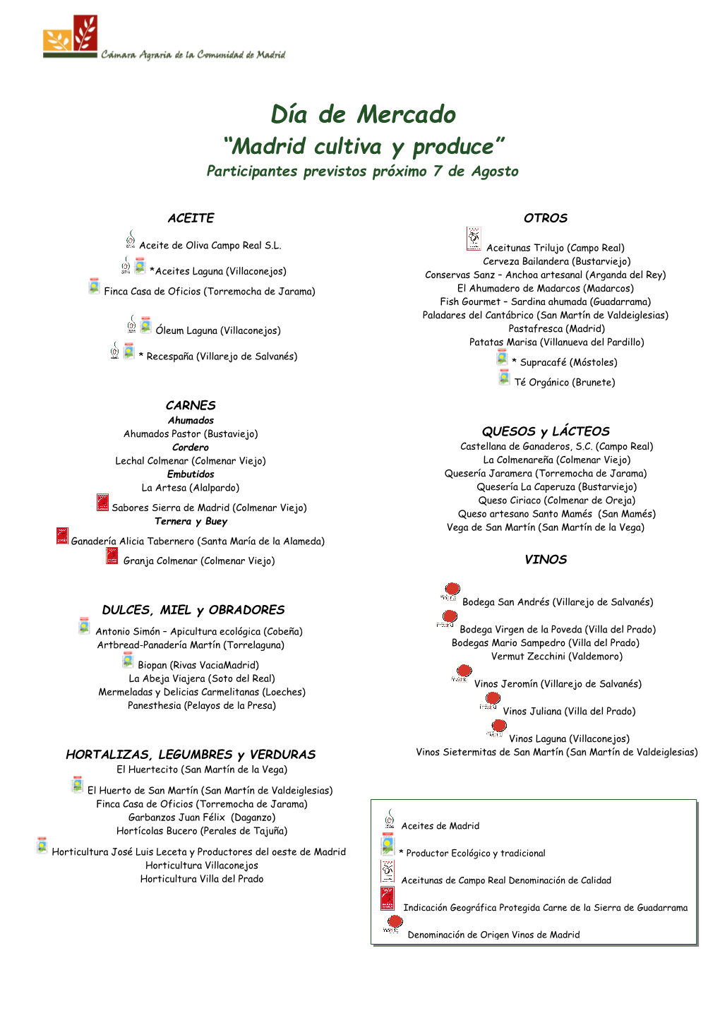 Día De Mercado “Madrid Cultiva Y Produce” Participantes Previstos Próximo 7 De Agosto