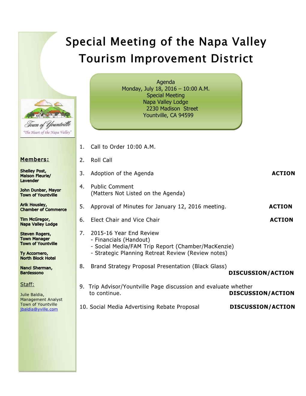 Special Meeting of the Napa Valley Tourism Improvement District