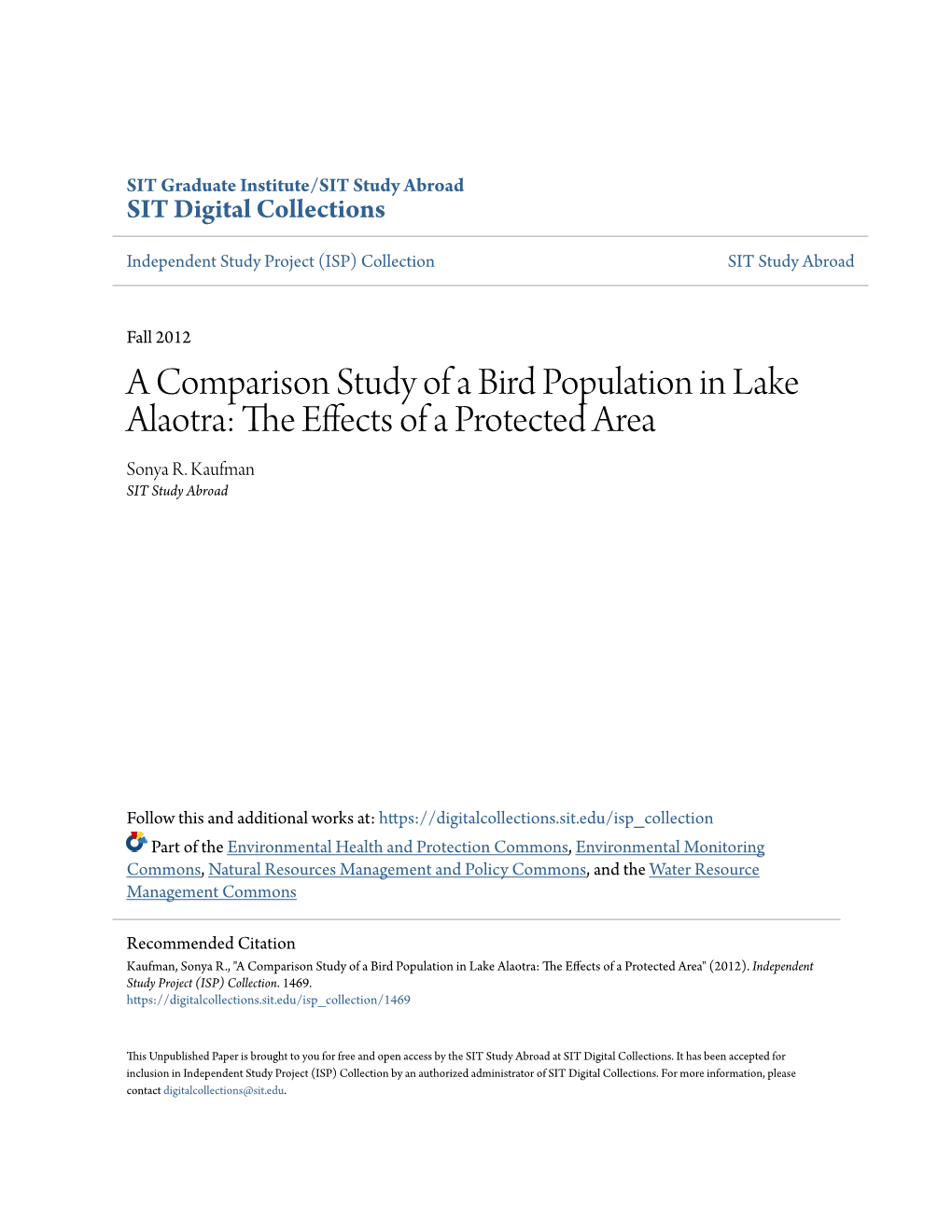 A Comparison Study of a Bird Population in Lake Alaotra: the Ffece Ts of a Protected Area Sonya R