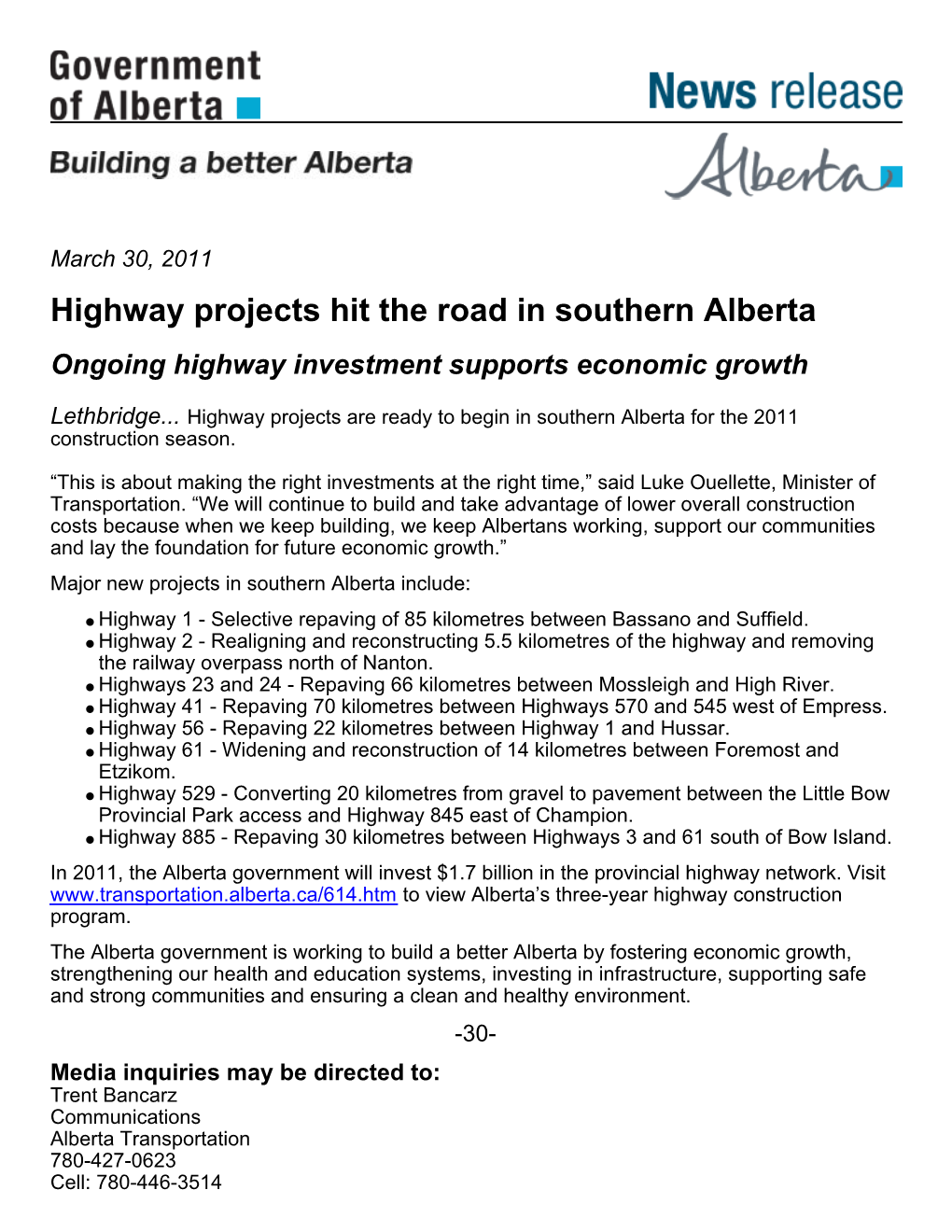 Highway Projects Hit the Road in Southern Alberta Ongoing Highway Investment Supports Economic Growth