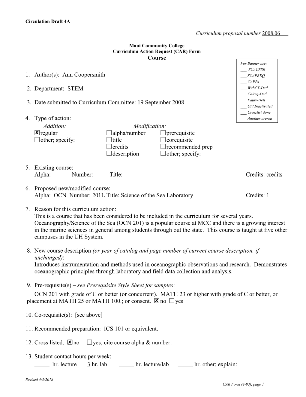 Curriculum Proposal Number 2008