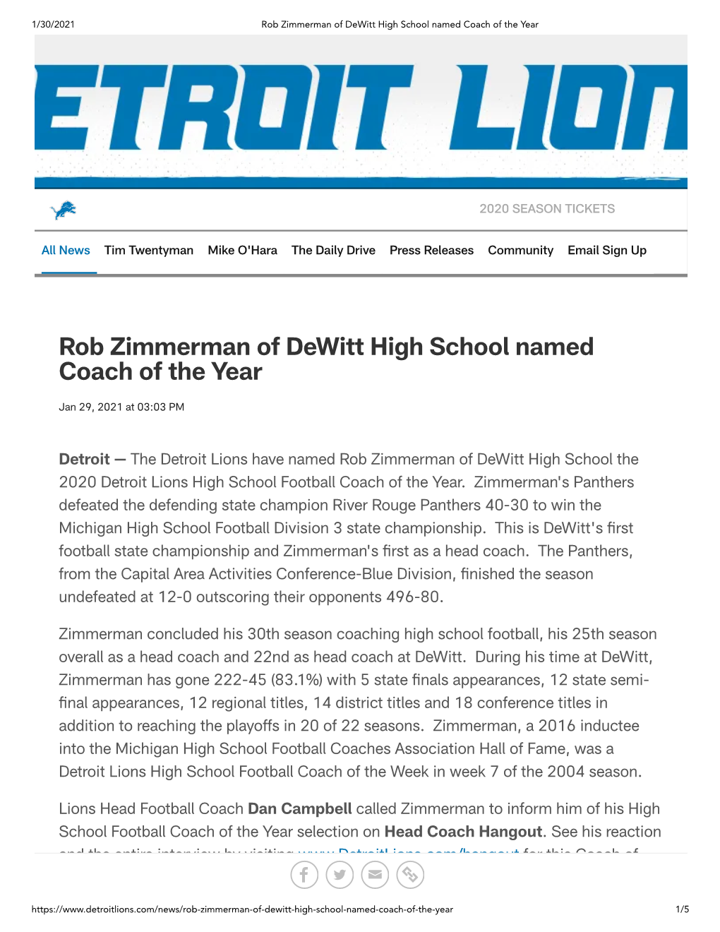 Rob Zimmerman of Dewitt High School Named Coach of the Year