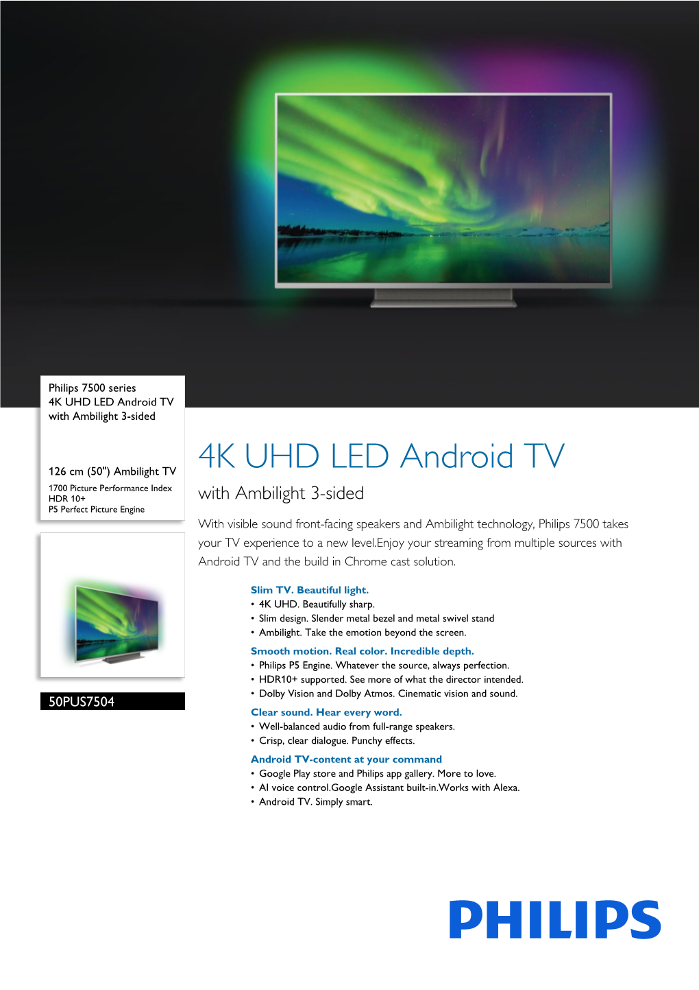 50PUS7504/12 Philips 4K UHD LED Android TV with Ambilight 3-Sided