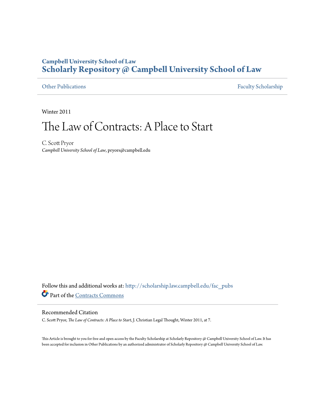 The Law of Contracts: a Place to Start C