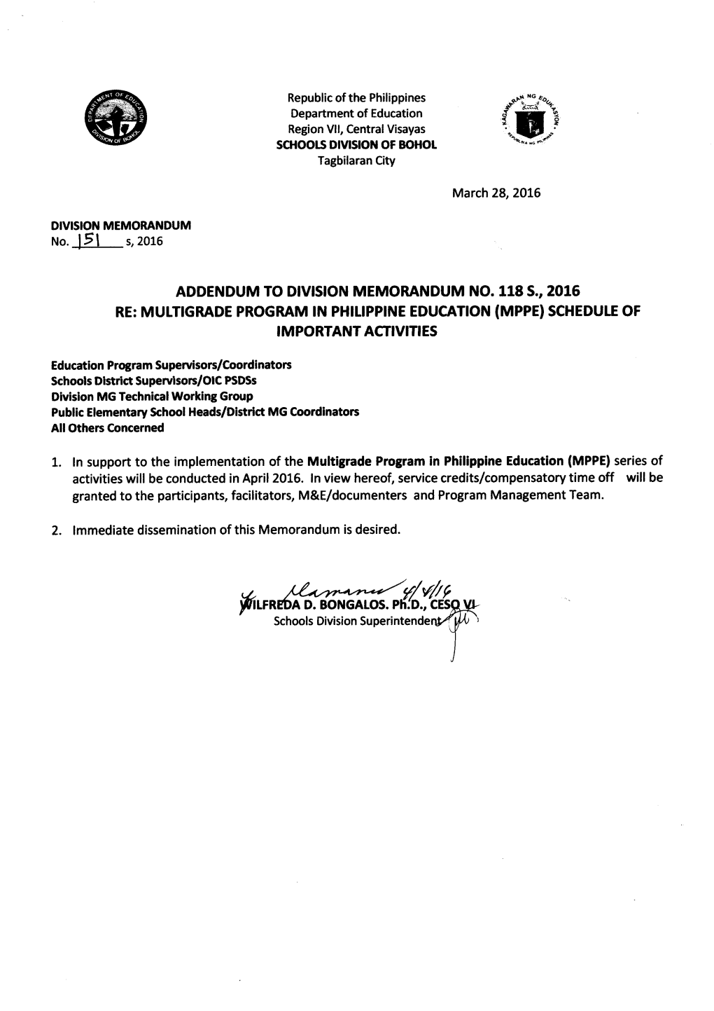 Re: Multigrade Program in Philippine Education (Mppe) Schedule of Important Activities
