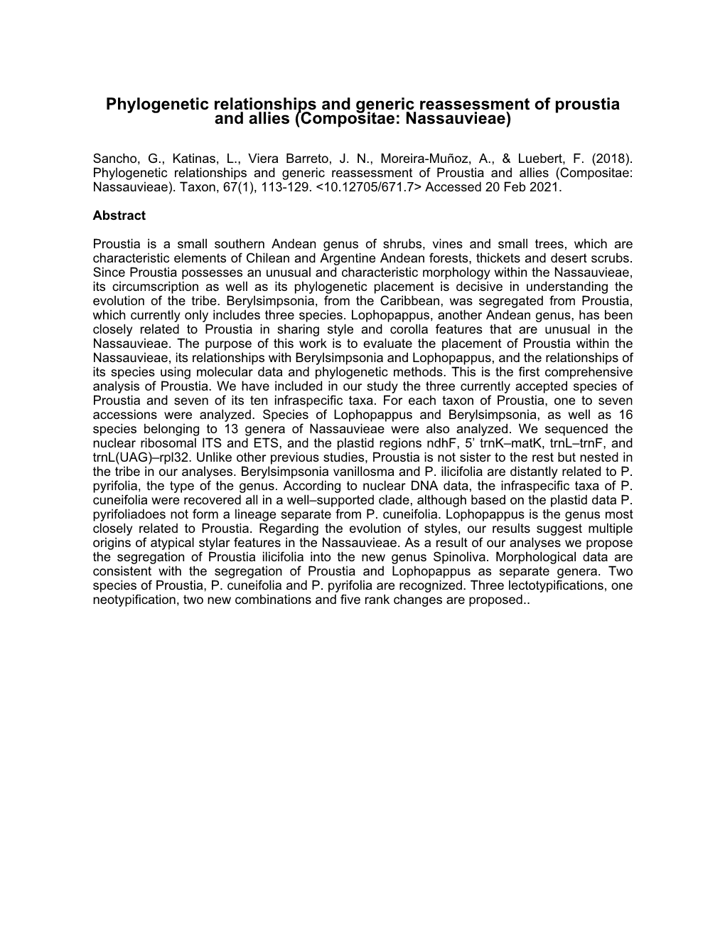 Phylogenetic Relationships and Generic Reassessment of Proustia and Allies (Compositae: Nassauvieae)