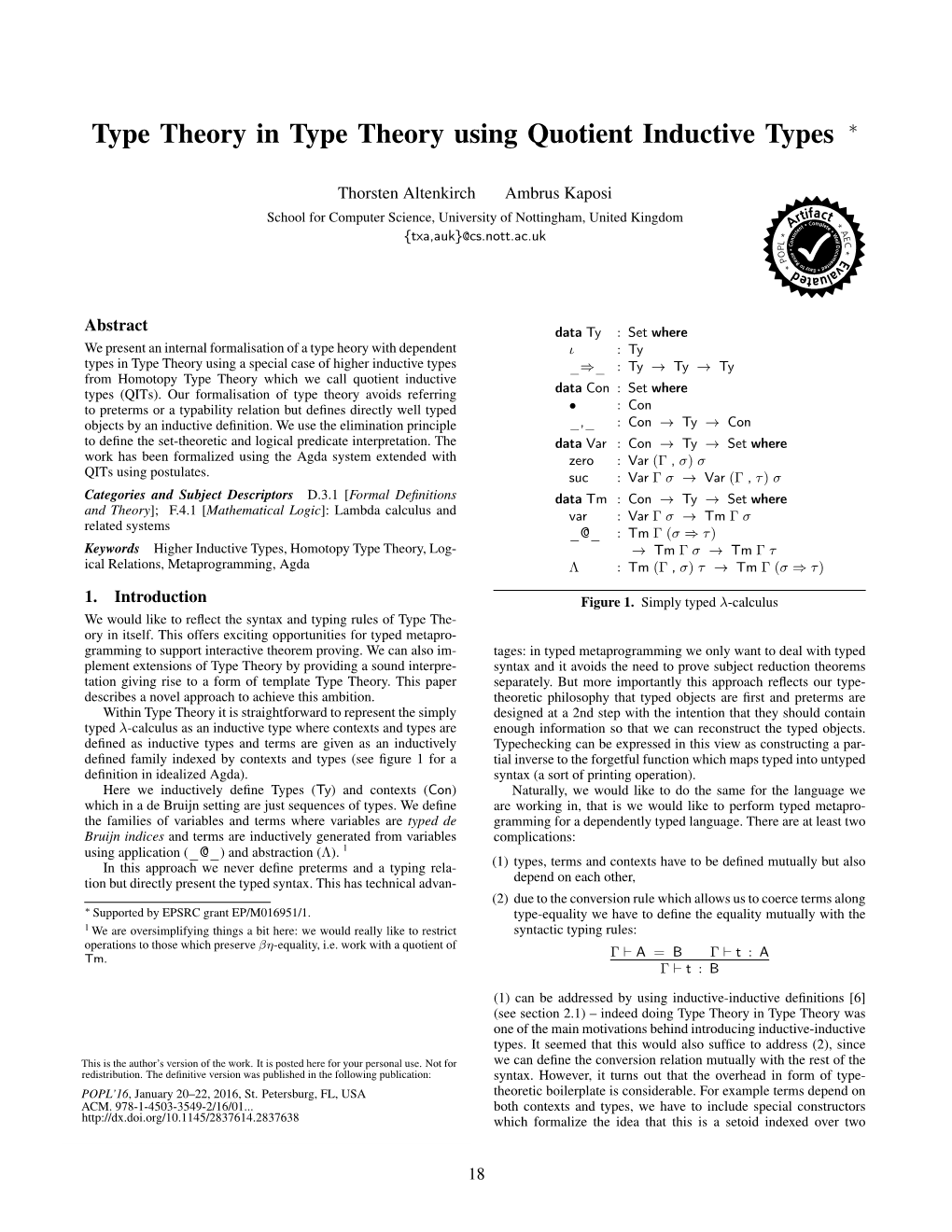 Type Theory in Type Theory Using Quotient Inductive Types ∗