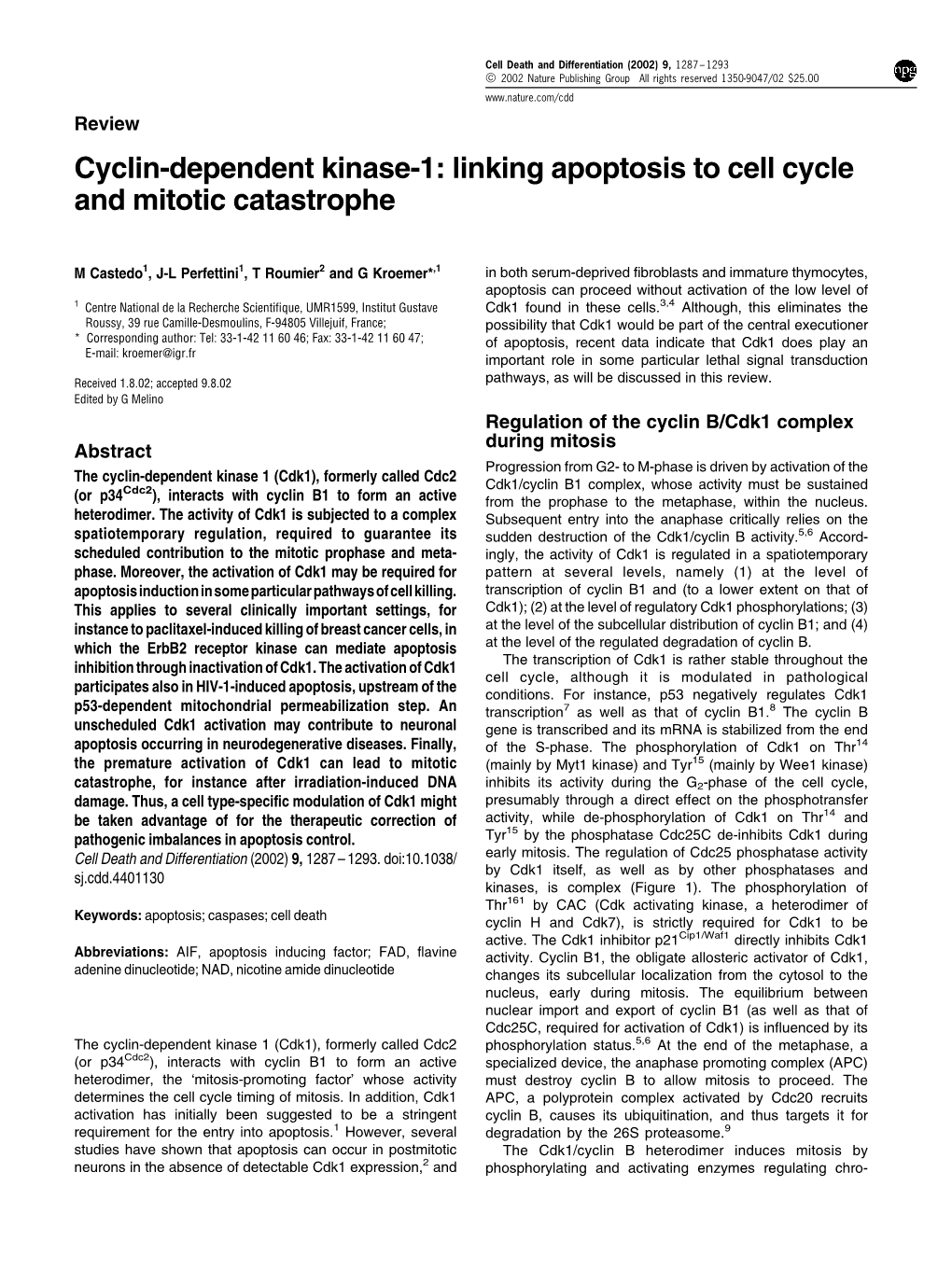 Cyclin-Dependent Kinase-1: Linking Apoptosis to Cell Cycle and Mitotic Catastrophe