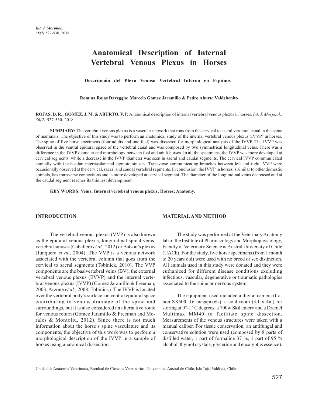 Anatomical Description of Internal Vertebral Venous Plexus in Horses