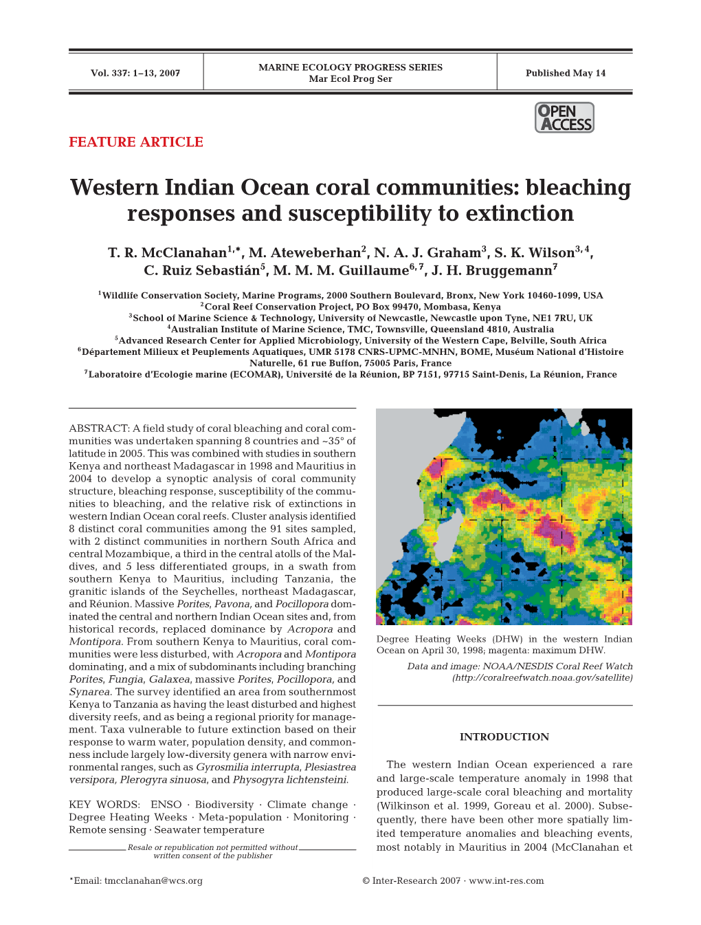 Western Indian Ocean Coral Communities: Bleaching Responses and Susceptibility to Extinction