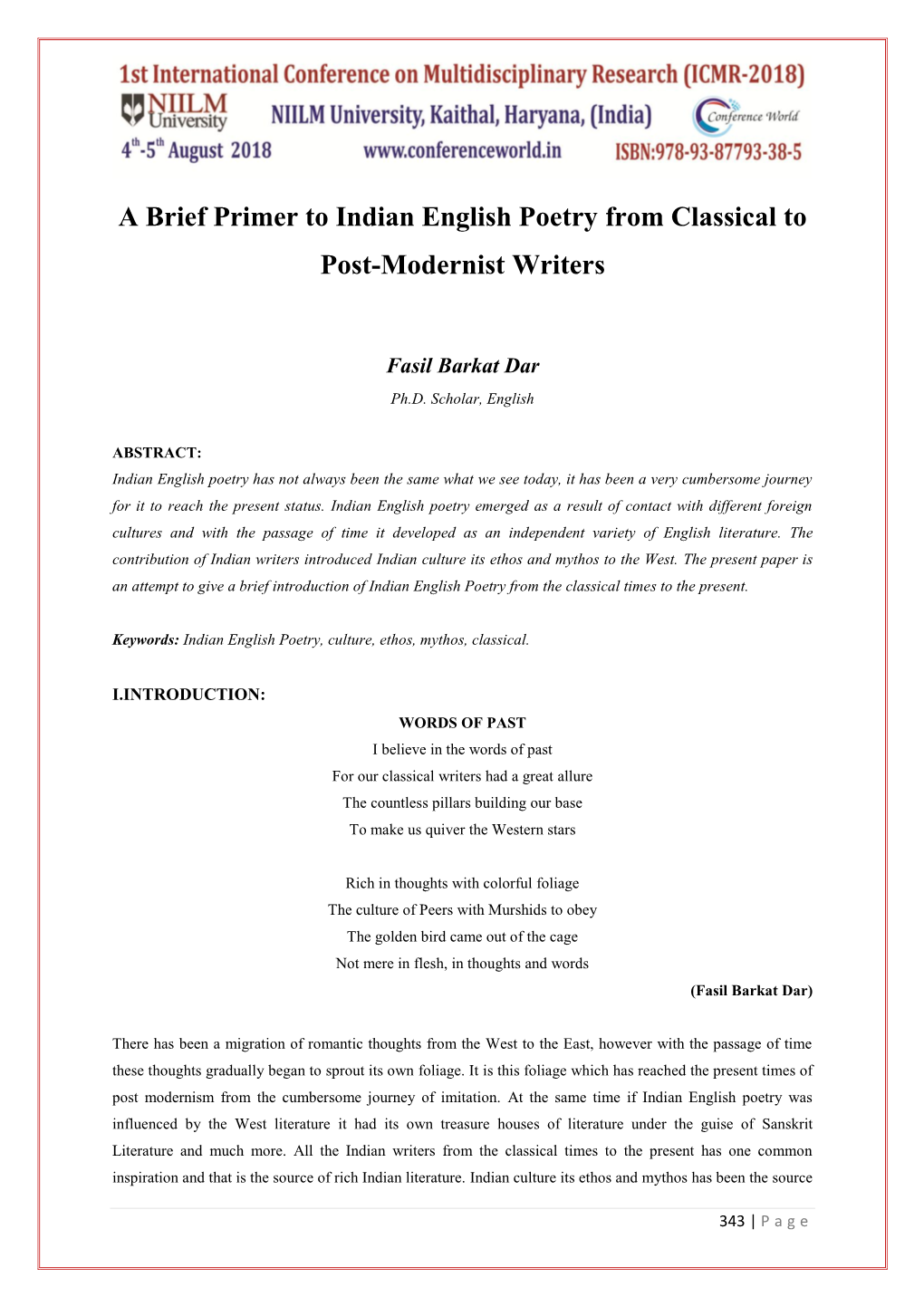 A Brief Primer to Indian English Poetry from Classical to Post-Modernist Writers