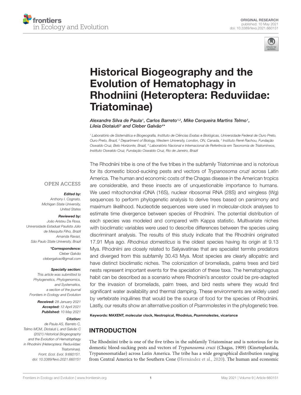 Historical Biogeography and the Evolution of Hematophagy in Rhodniini (Heteroptera: Reduviidae: Triatominae)