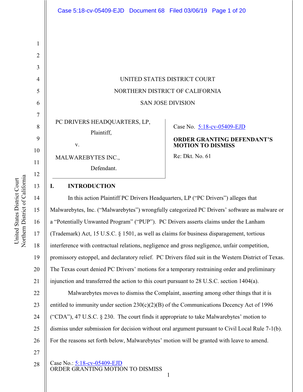 Case 5:18-Cv-05409-EJD Document 68 Filed 03/06/19 Page 1 of 20
