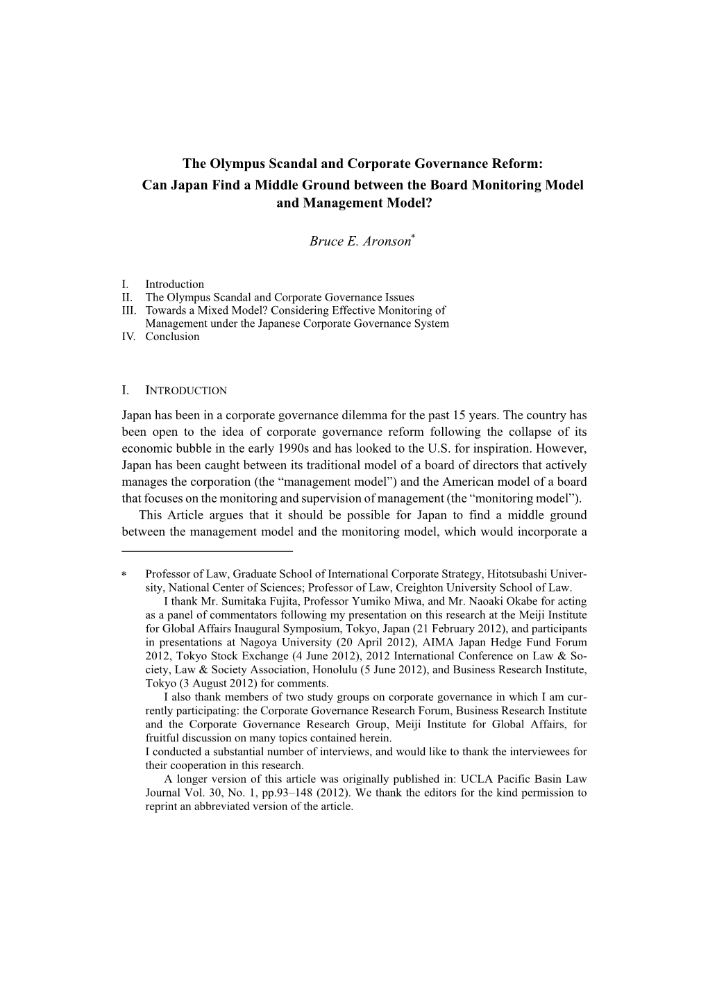 The Olympus Scandal and Corporate Governance Reform: Can Japan Find a Middle Ground Between the Board Monitoring Model and Management Model?