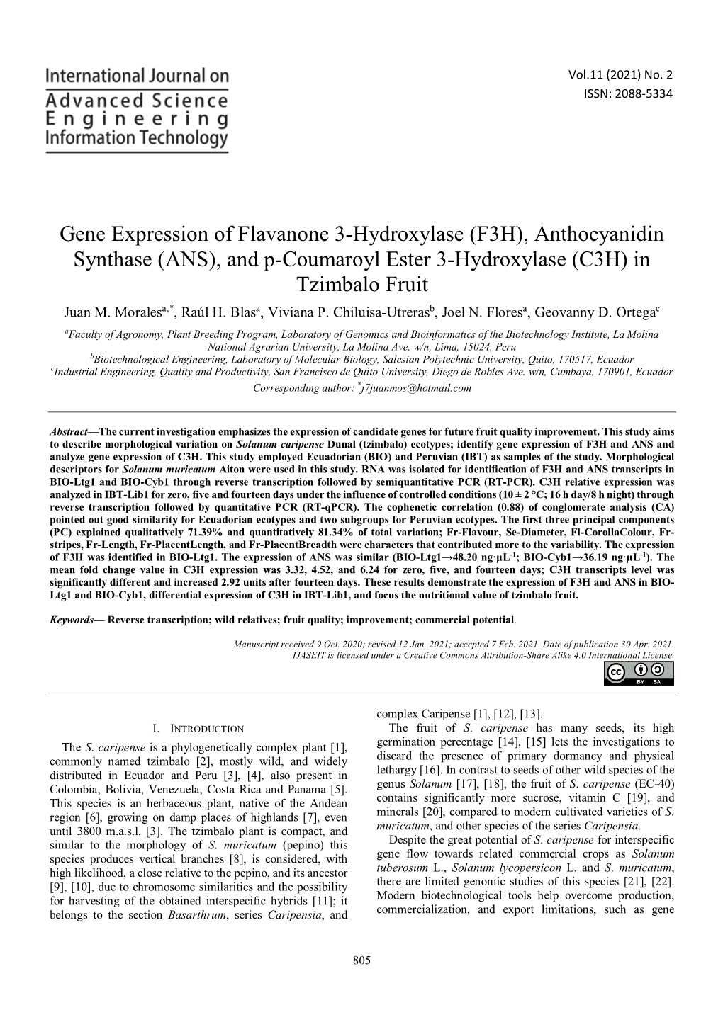 Gene Expression of Flavanone 3-Hydroxylase (F3H), Anthocyanidin Synthase (ANS), and P-Coumaroyl Ester 3-Hydroxylase (C3H) in Tzimbalo Fruit Juan M