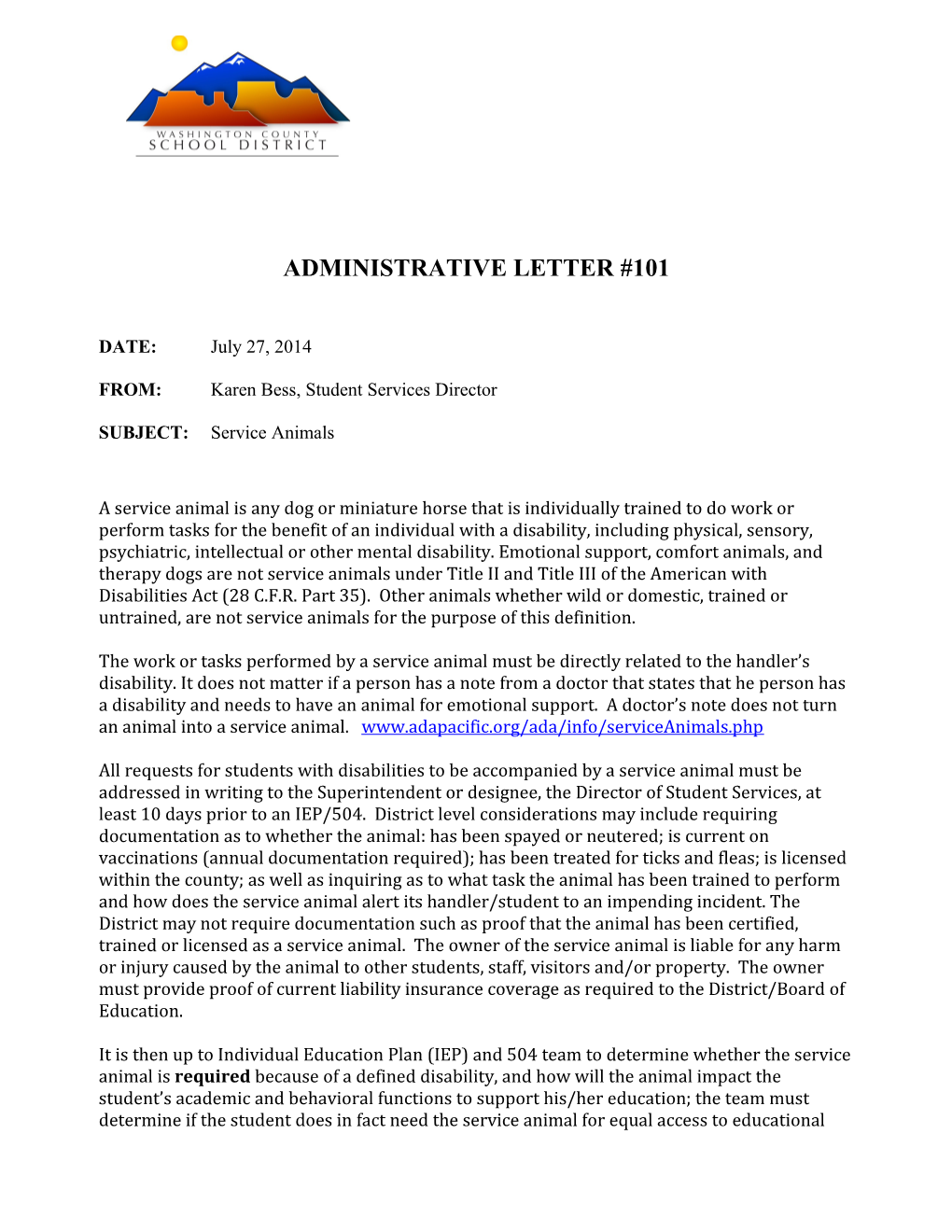 Administrative Letter #101