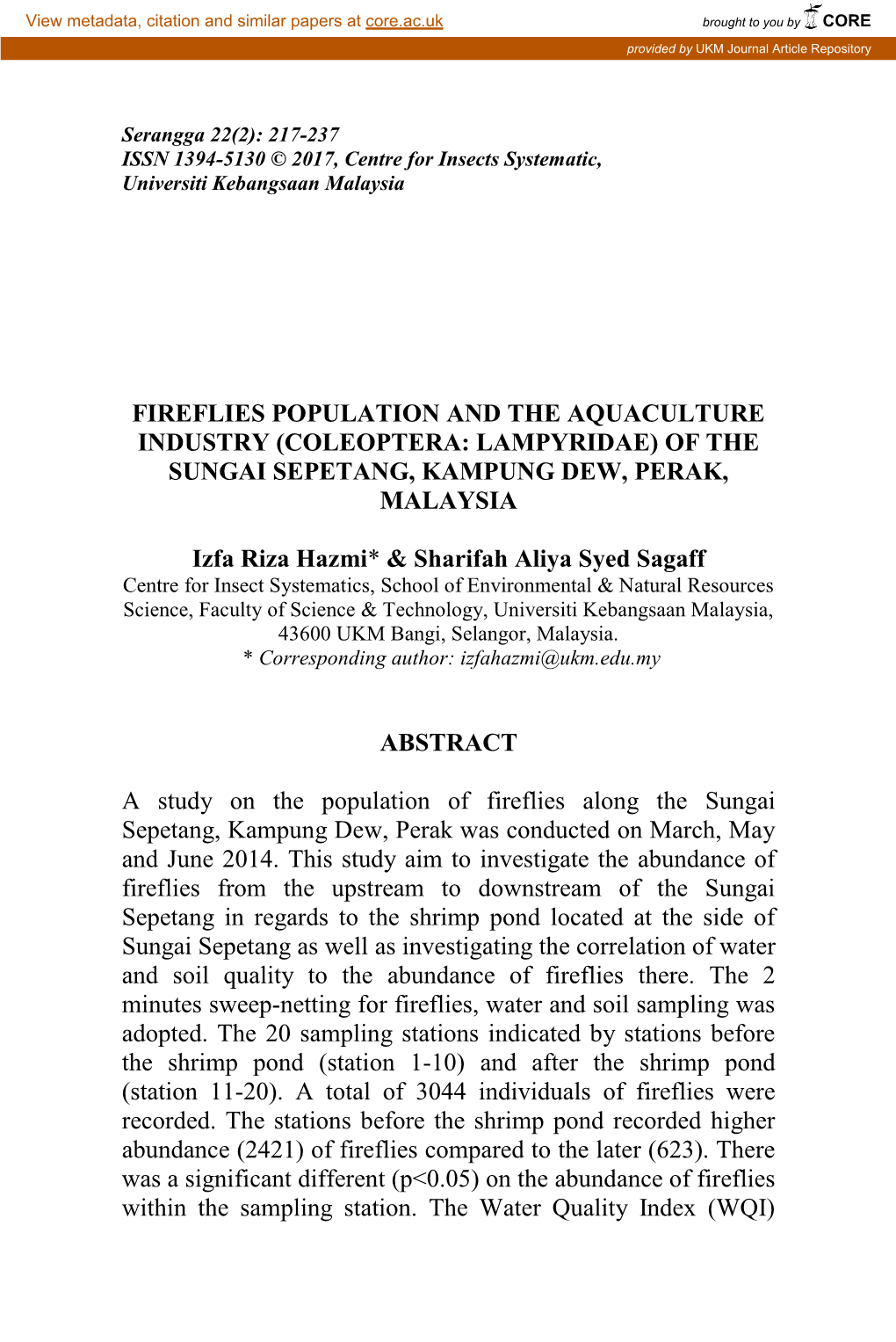 Fireflies Population and the Aquaculture Industry (Coleoptera: Lampyridae) of the Sungai Sepetang, Kampung Dew, Perak, Malaysia