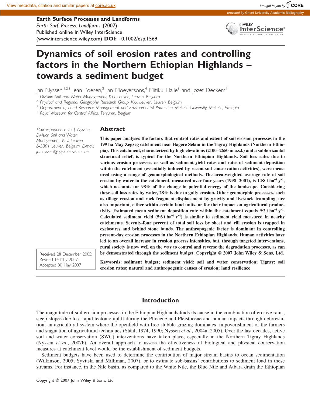 Dynamics of Soil Erosion Rates and Controlling Factors in the Northern Ethiopian Highlands – Towards a Sediment Budget