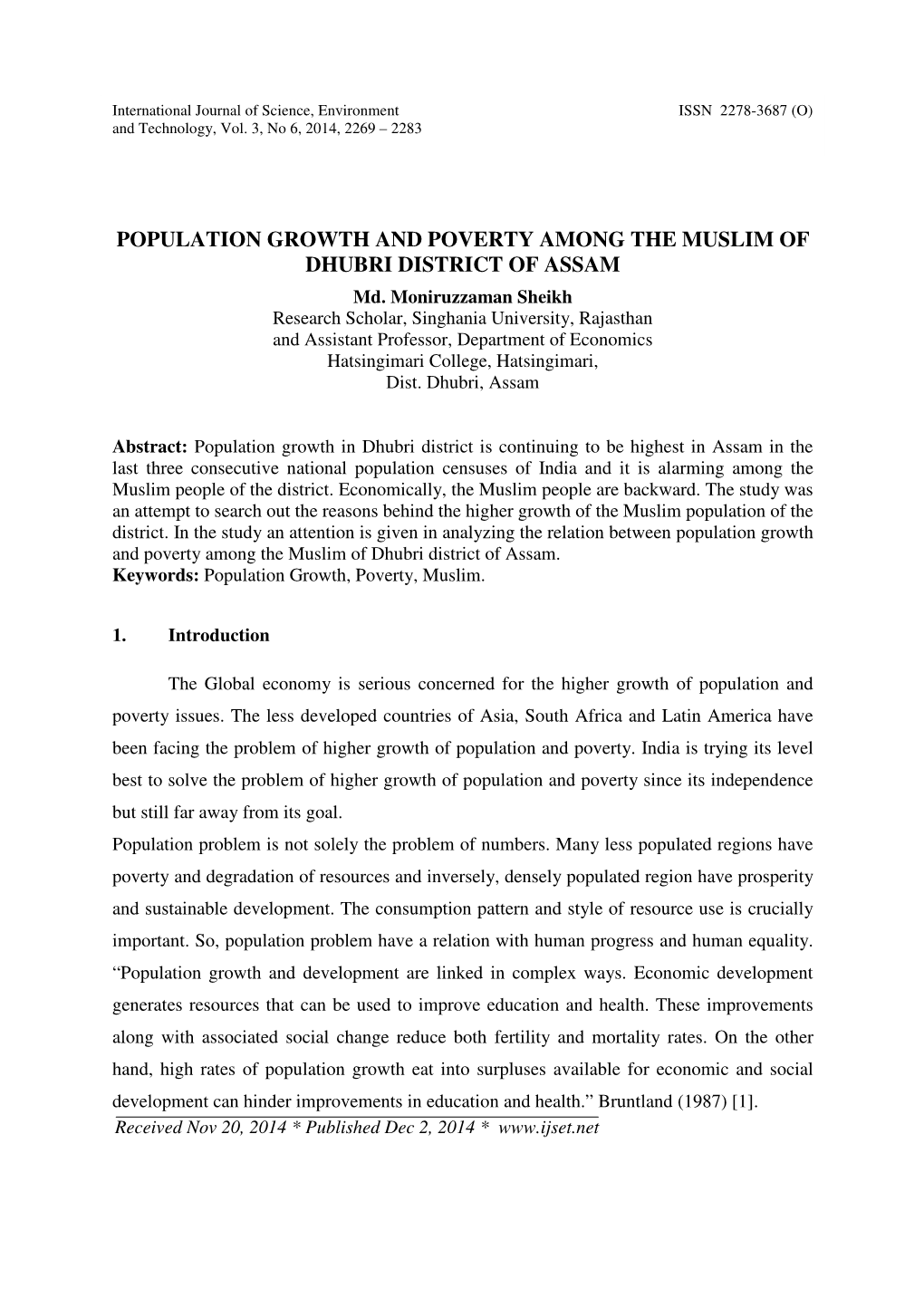 POPULATION GROWTH and POVERTY AMONG the MUSLIM of DHUBRI DISTRICT of ASSAM Md