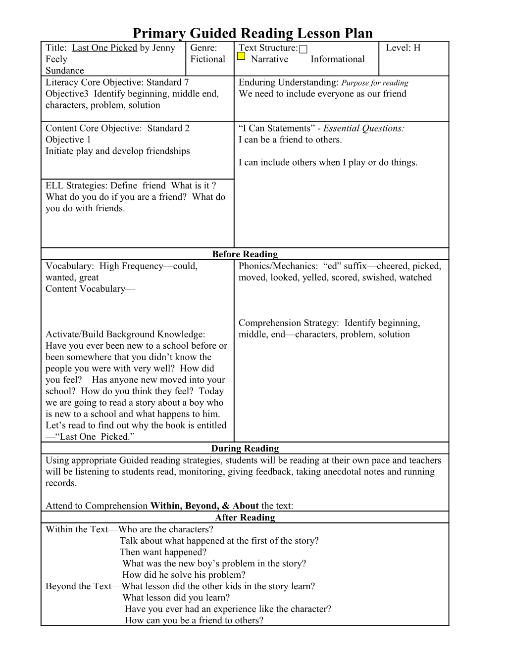 Primary Guided Reading Lesson Plan s7