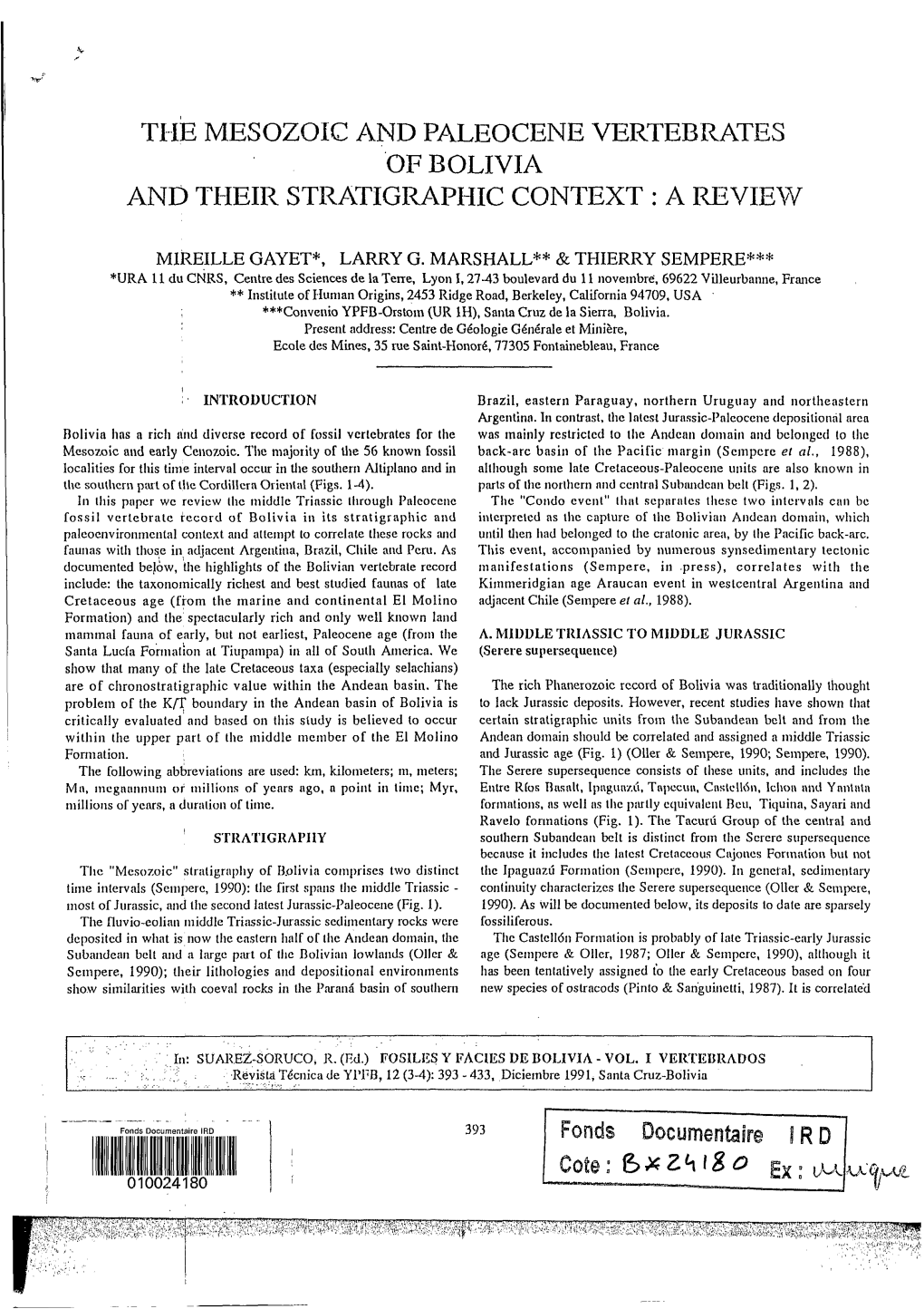 The Mesozoic and Paleocene Vertebrates of Bolivia and Their Stratigraphic Context : a Review