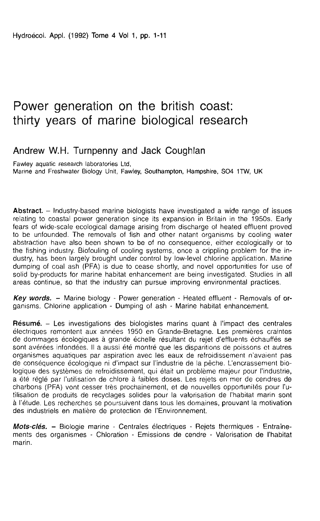 Power Generation on the British Coast: Thirty Years of Marine Biological Research