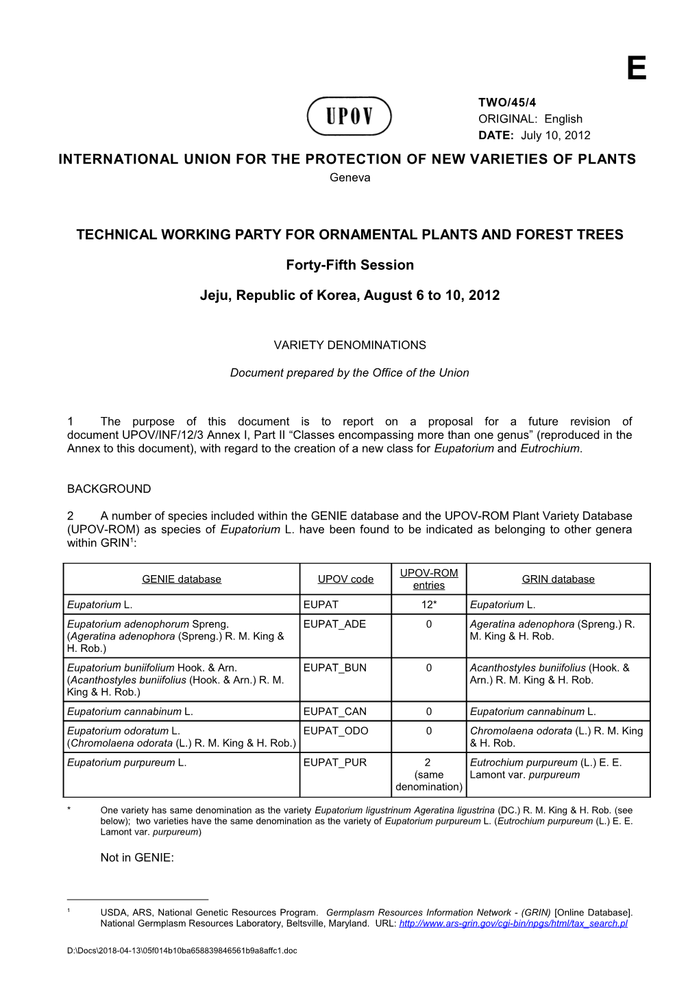 Technical Working Party for ORNAMENTAL PLANTS and FOREST TREES s1