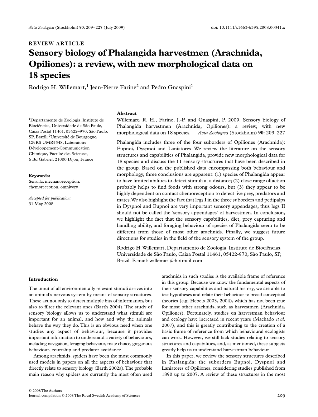 Sensory Biology of Phalangida Harvestmen (Arachnida, Opiliones): a Review, with New Morphological Data on 18 Species Rodrigo H