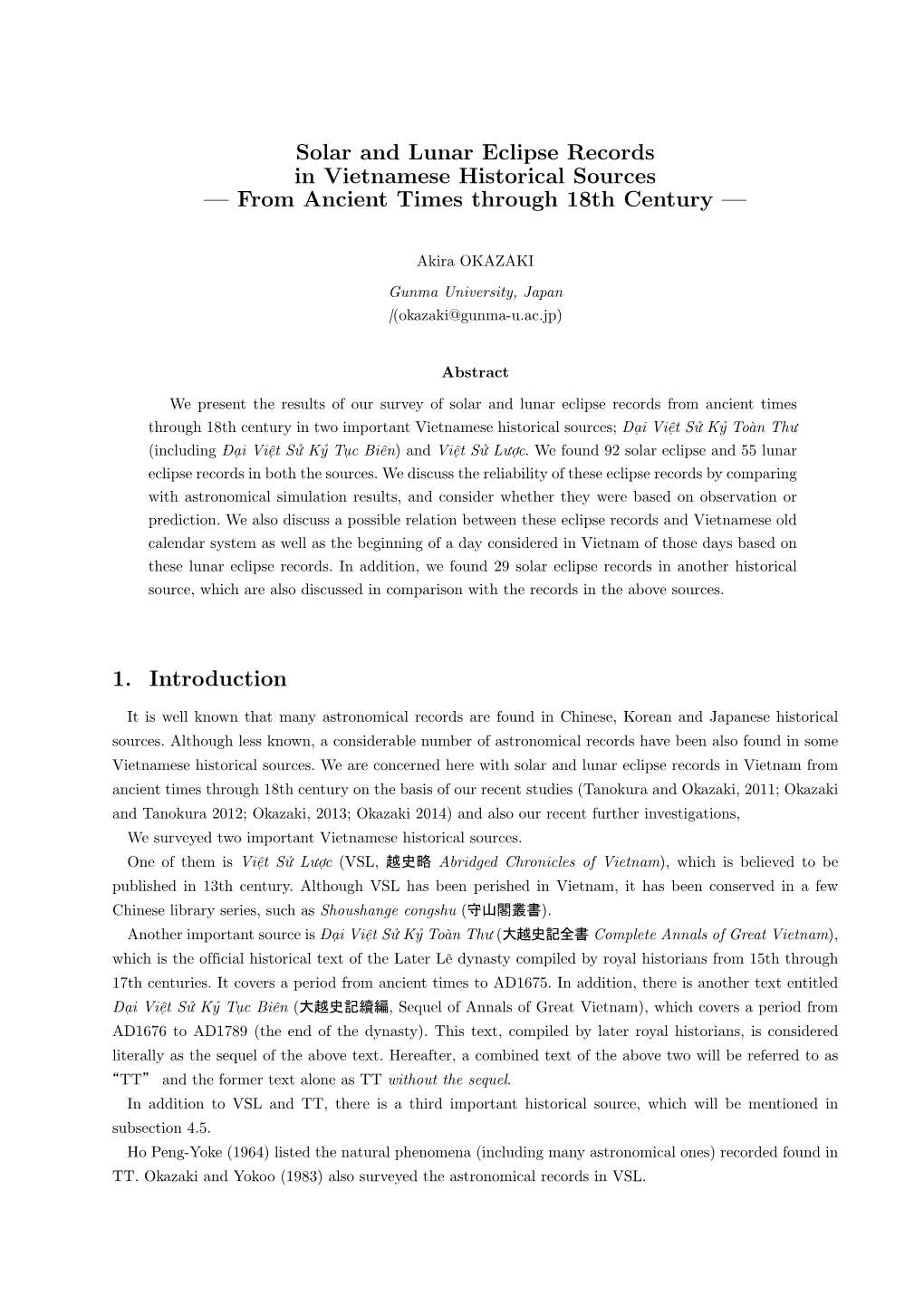 Solar and Lunar Eclipse Records in Vietnamese Historical Sources — from Ancient Times Through 18Th Century — 1. Introduction