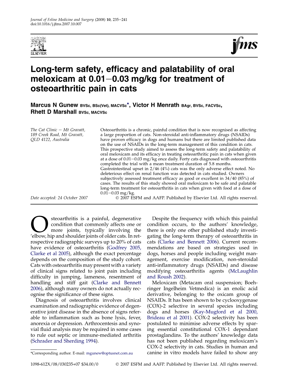 Long-Term Safety, Efficacy and Palatability of Oral Meloxicam At