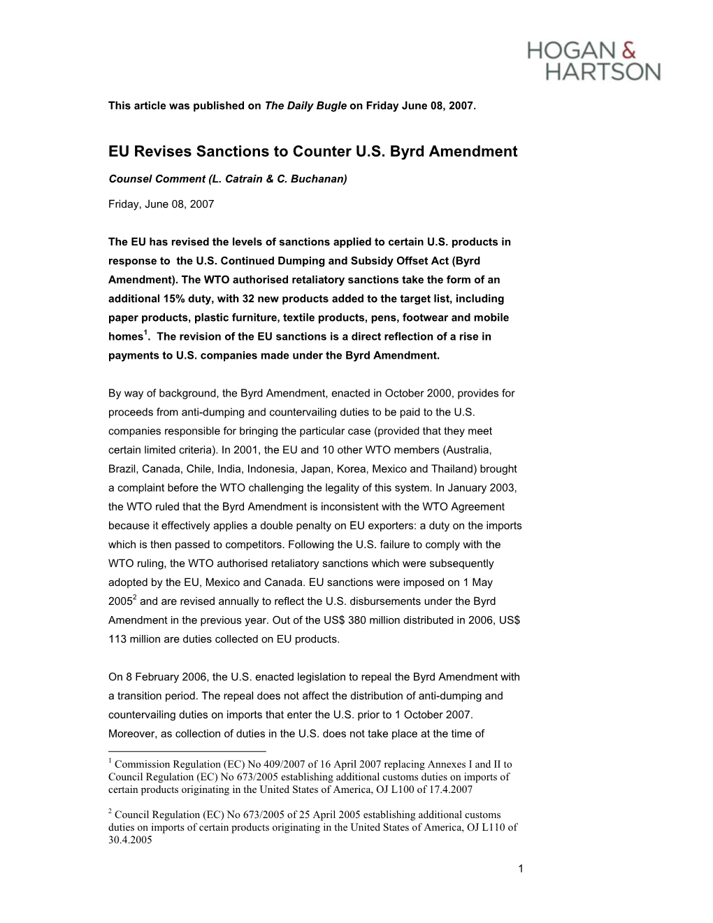EU Revises Sanctions to Counter US Byrd Amendment