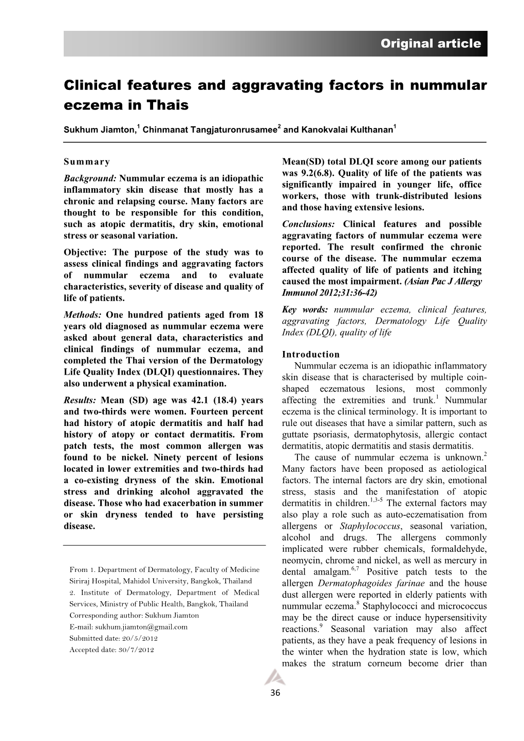 Clinical Features and Aggravating Factors in Nummular Eczema in Thais