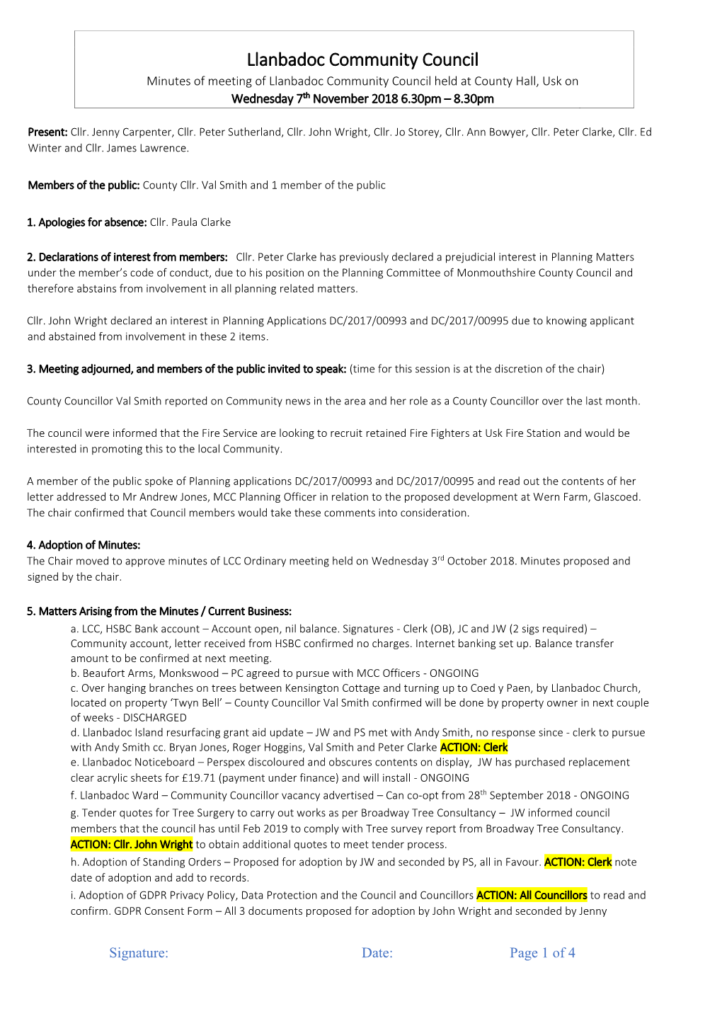 Minutes of Meeting of Llanbadoc Community Council Held at County Hall, Usk on Wednesday 7Th November 2018 6.30Pm – 8.30Pm