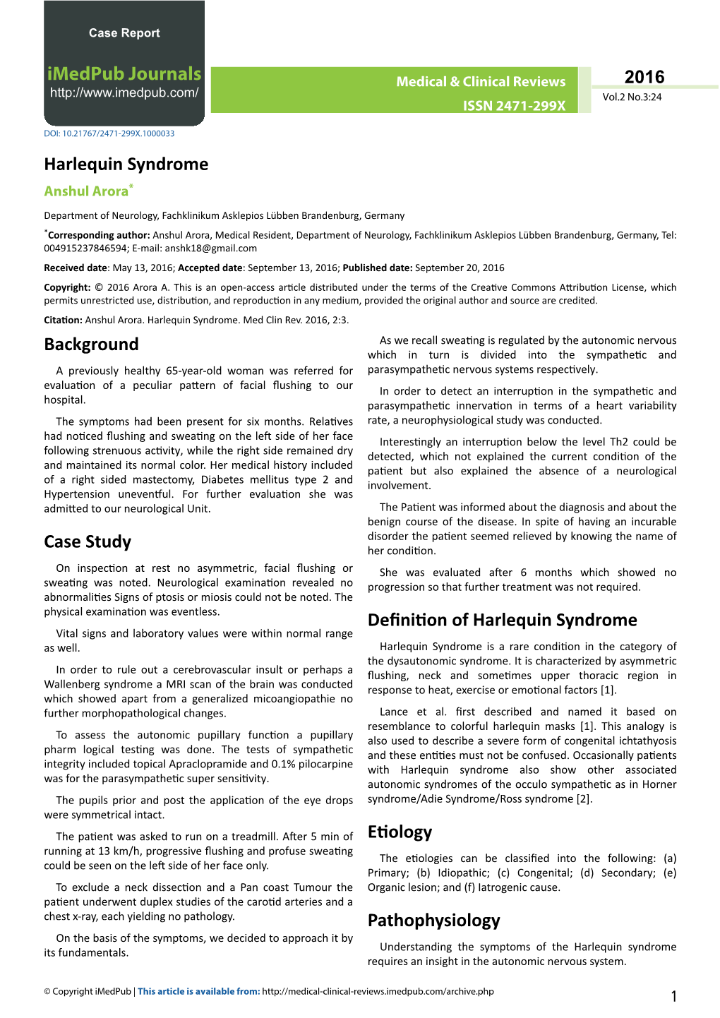 Harlequin Syndrome Anshul Arora*