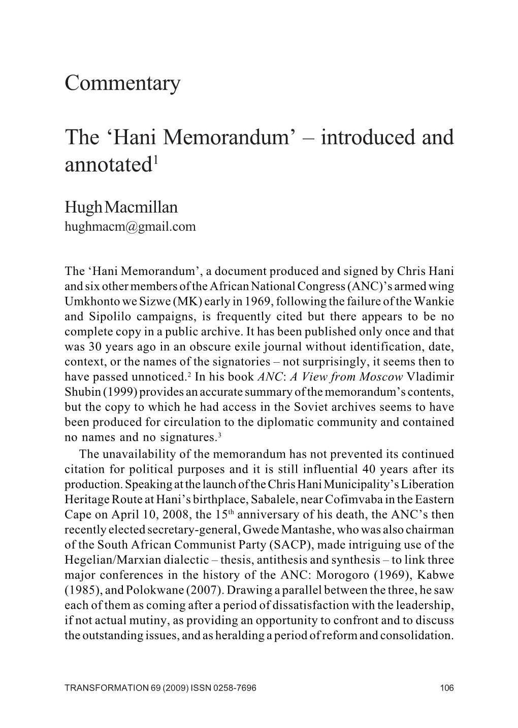 Commentary the 'Hani Memorandum' – Introduced and Annotated1