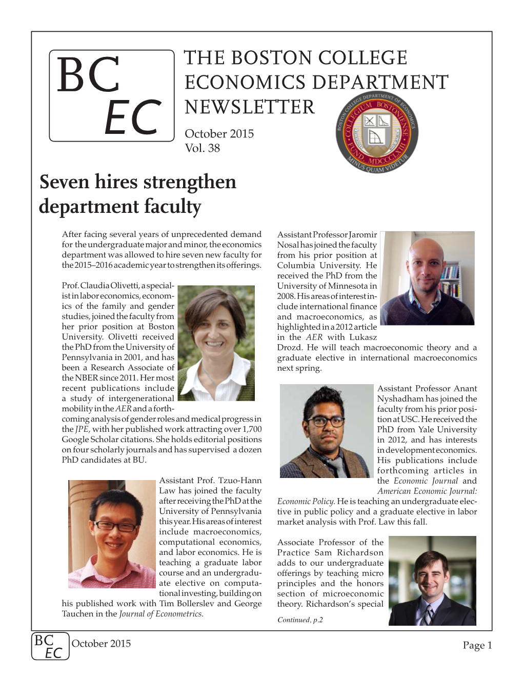 The Boston College Economics Department Newsletter